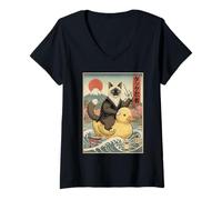 Femme Chat Siamois Ninja Japon Vintage Japonais Ukiyo-e Art T-Shirt avec Col en V