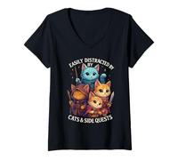 Femme Chat Side Quest Distrait Table Humour Sarcastique Amusant T-Shirt avec Col en V