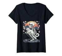 Femme Chat Squelette Chaton Halloween Japonais T-Shirt avec Col en V
