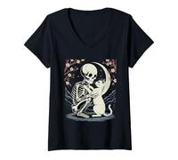 Femme Chat Squelette Chaton Halloween Japonais T-Shirt avec Col en V