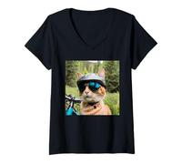 Femme Chat sur Une Piste de vélo de Montagne T-Shirt avec Col en V