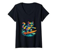 Femme Chat Surf sur Une Planche De Surf Portant des Lunettes De Soleil Chat Rides Surf T-Shirt avec Col en V