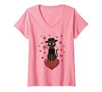 Femme Chat Tenant des Roses Rouges cœurs Art Vintage Saint-Valentin T-Shirt avec Col en V
