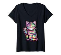 Femme Chat Tie Dye avec Ambiance café et Paix T-Shirt avec Col en V