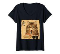 Femme Chat tigré Amusant Mangeant du Saumon Sushi Nigiri Japonais Ukiyo-e T-Shirt avec Col en V