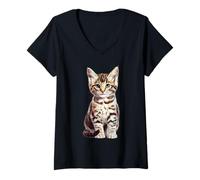 Femme Chat tigré Croquis Dessin Art Amoureux des Chats T-Shirt avec Col en V
