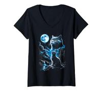 Femme Chat tigré Hurlant Lune drôle années 90 Meme T-Shirt avec Col en V