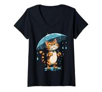 Femme Chat Tigré Illustration avec Parapluie sous la Pluie T-Shirt avec Col en V