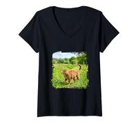 Femme Chat tigré Marchant dans Les prairies T-Shirt avec Col en V