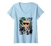Femme Chat tigré Roux avec Lunettes de Soleil Urban Botanical Grunge Art T-Shirt avec Col en V