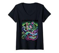 Femme Chat Trippy Hip Hop EDM Urban Feline Graphic Design T-Shirt avec Col en V