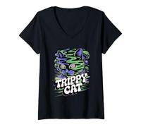 Femme Chat Trippy Hip Hop EDM Urban Feline Graphic Design T-Shirt avec Col en V