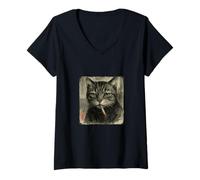 Femme Chat Triste drôle fumant Cigarette Meme Amant Sumi-e Japonais T-Shirt avec Col en V