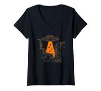 Femme Chat UFO Alien Abduction Kitty Sci FI Pet Lover Graphic T-Shirt avec Col en V