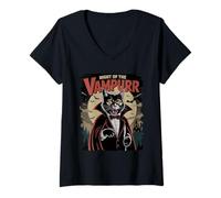 Femme Chat Vampire Night of The Vampurr Halloween Spook T-Shirt avec Col en V