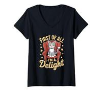 Femme Chat Vintage Amusant Qui Dit d'abord Im A Delight T-Shirt avec Col en V