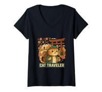 Femme Chat Voyageur Japonais Aventure Art T-Shirt avec Col en V
