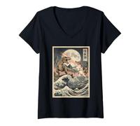 Femme Chat vs T-Rex Monster Japonais Great Wave Art T-Shirt avec Col en V