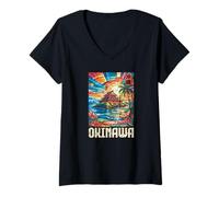 Femme Château de l'île d'Okinawa, Japon, Kanji, Anime, Otaku, Souvenir T-Shirt avec Col en V