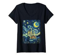 Femme Château de Neuschwanstein Nuit étoilée Histoire de l'art Cadeau T-Shirt avec Col en V