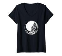 Femme Château Gothique Effrayant sur la Colline avec Pleine Lune T-Shirt avec Col en V