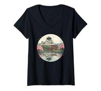 Femme Château Japonais Sakura Torii Bridge Paysage T-Shirt avec Col en V