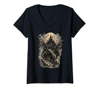 Femme Château médiéval du Dragon Pleine Lune T-Shirt avec Col en V