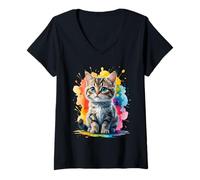 Femme Chaton aux Yeux Bleus - Art coloré à éclaboussures T-Shirt avec Col en V