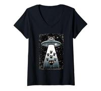 Femme Chaton fantaisiste Cosmic UFO Vaisseau Spatial Galactique Chat T-Shirt avec Col en V