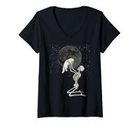 Femme Chaton Gothique Squelette crâne Lune Halloween Graphique T-Shirt avec Col en V
