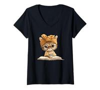 Femme Chaton Livre Ouvert Lecture Chat Amoureux Graphique Portrait Rond T-Shirt avec Col en V