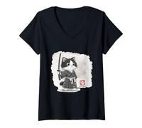 Femme Chaton samouraï courageux avec épée en kimono kawaii T-Shirt avec Col en V