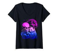 Femme Chaton Squelette Goth Halloween Embrace la Lune T-Shirt avec Col en V