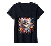 Femme Chaton super mignon avec des éclaboussures de peinture colorées T-Shirt avec Col en V