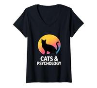 Femme Chats drôles et psychologie Silhouette Moon Lover T-Shirt avec Col en V