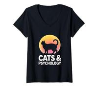 Femme Chats drôles et psychologie Silhouette Moon Lover T-Shirt avec Col en V