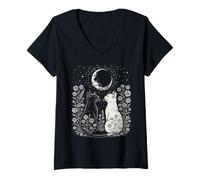 Femme Chats Mystiques - Lune, Magie ésotérique Gothic T-Shirt avec Col en V