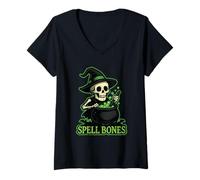 Femme Chaudron de sorcière Os de Sorcellerie T-Shirt avec Col en V