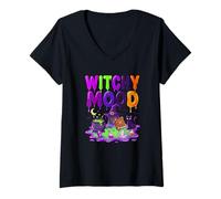 Femme Chaudron D'humeur Sorcière pour Halloween Chat Noir Magie T-Shirt avec Col en V