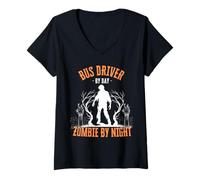 Femme Chauffeur de Bus par Jour Zombie la Nuit drôle Halloween Effrayant T-Shirt avec Col en V