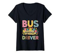 Femme Chauffeur de Bus Scolaire Boho Floral Leopard pour la rentrée Scolaire T-Shirt avec Col en V