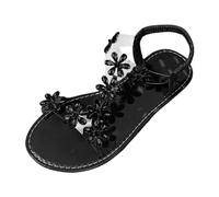 Femme Chaussure Sandales Été Confortable Assouplisseur Cuir Chaussure Professionnel Strass d'été pour dames avec fleurs de ligne plate avec pantoufles de sandales grande taille Home(Black, 37)