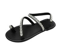 Femme Chaussure Sandales Été Confortable Chaussures Basketball Enfant Soft Dames été décontracté strass perle plage fond plat mis pied grande taille sandales Cuire Qui Brille (Black, 40)