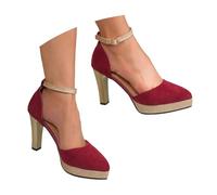 Femme Chaussures Habillées à Talon Compensé Épais, Escarpins Ornées de Strass et d'une Bride Cheville, Chaussures à Talons Hauts Idéales pour Les Soirées et Les Mariages (Red, 41)