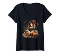 Femme Chauve-Souris Cavalier King Charles Spaniel Halloween T-Shirt avec Col en V