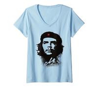 Femme Che Guevara Shirt Cuba Révolution Rebelle Cubain T-Shirt avec Col en V, Bleu Céleste, M