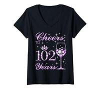 Femme Cheers to 102 Years Old Women Couronne Violette pour 102e Anniversaire T-Shirt avec Col en V