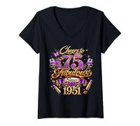 Femme Cheers to 75 Years Old Wedding Anniversary 75th Birthday T-Shirt avec Col en V
