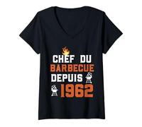 Femme Chef du Barbecue Depuis 1962 Cadeau Humour Anniversaire T-Shirt avec Col en V