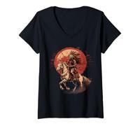 Femme Chef indien d'une tribu indienne de guerriers amérindiens à cheval T-Shirt avec Col en V